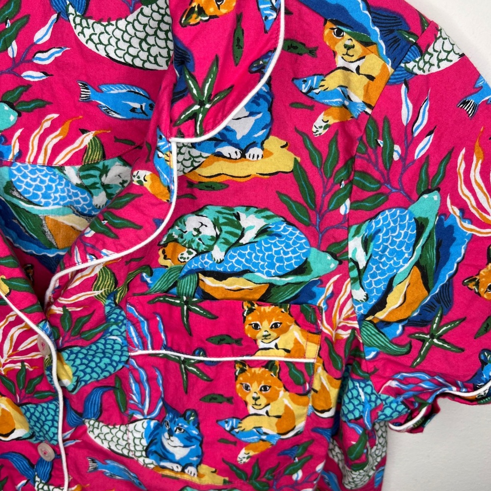 Printfresh Meowing Mermaids Cats Pink Organic Cotton Pajama Top XS Button Up - Picture 6 of 9